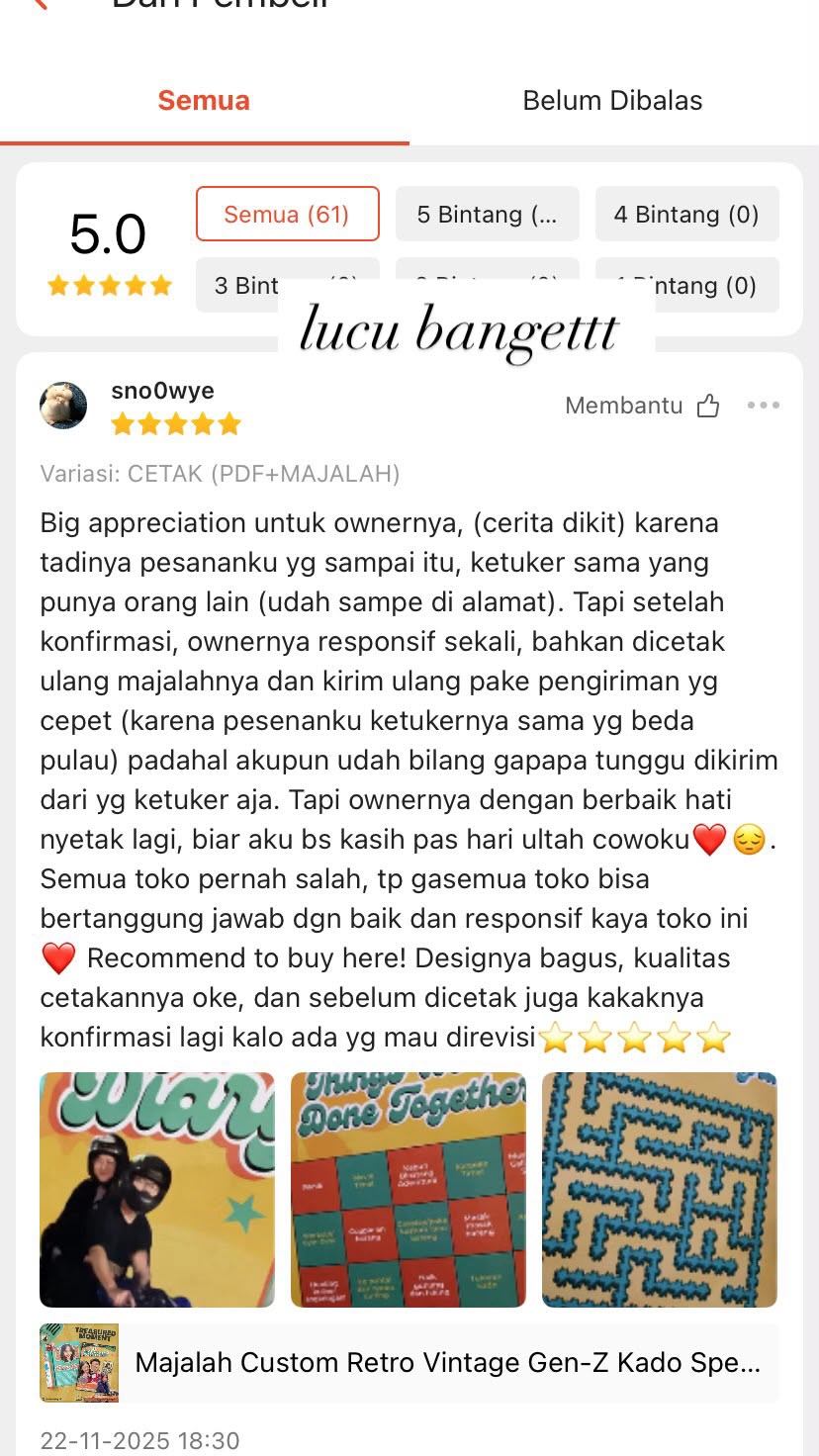 Ulasan Shopee bintang 5 tentang majalah tema Treasured Moment
